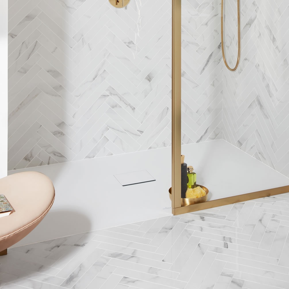 Lifestyle image of Villeroy & Boch Squaro Infinity 1600 x 900mm Stone White Stone Resin Shower Tray